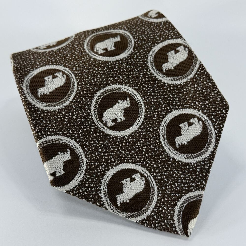 Vintage 70s Brown White Rhino Rhinoceros Next Tie Classic Formal Superba 4.25"